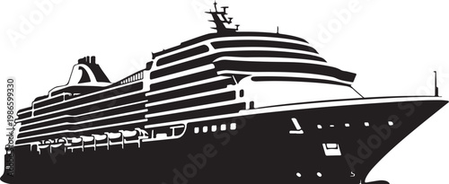 Cruise ship, ocean liner, black silhouette, vector illustration, travel, tourism, transportation