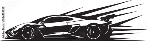 Speeding sports car, racing vehicle, black illustration, motion lines, vector graphic