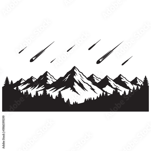 Mountain range with pine trees and shooting stars, night sky
