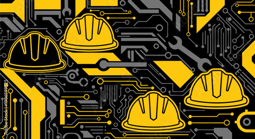 Abstract background featuring yellow hard hats on a dark circuit board pattern with industrial tools, symbolizing safety and technology in construction.