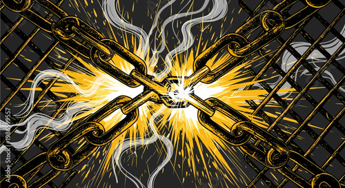 Dynamic illustration of two intersecting heavy metal chains generating a bright yellow explosion of energy and smoke against a dark, industrial background.