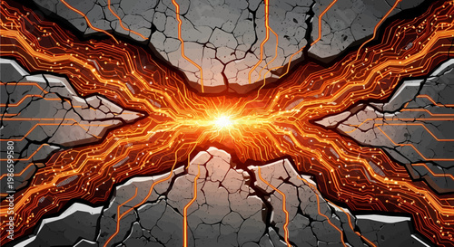 Cracked concrete surface with glowing orange energy lines converging to a bright central light, depicting power and destruction.