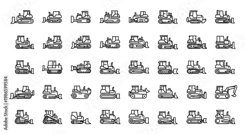 Construction Vehicle Icons Set: Bulldozers, Loaders, Excavators - Line Art Collection