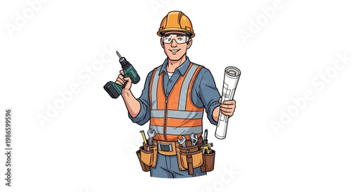 Construction worker with drill and blueprint, wearing hard hat and safety vest.