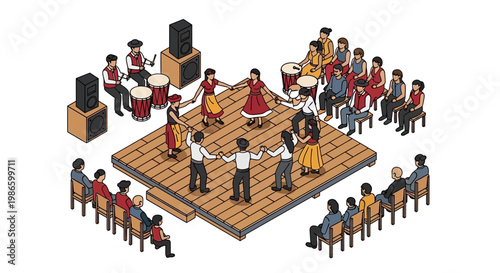 People enjoy a lively outdoor festival event with flat vector illustrations of music and dancing at a crowded party