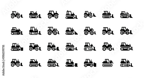 Construction Equipment Icons Set: Bulldozers, Excavators, Loaders, Tractors - Vector Graphics