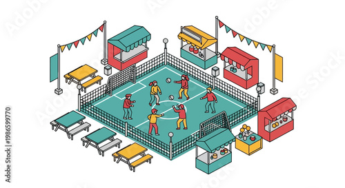 A vibrant outdoor festival event with flat vector graphics shows people enjoying a lively sports game on a green field surrounded by food stalls and colorful decorations.