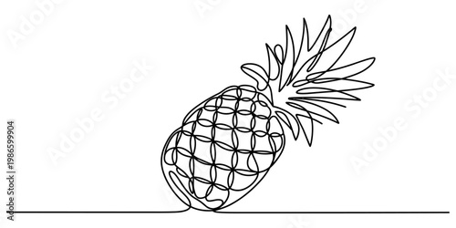 Continuous line art illustration of a tropical pineapple fruit on a white background Vector, illustration