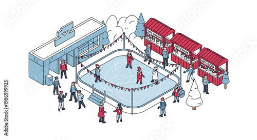 People enjoy an outdoor festival event with a flat vector illustration of ice skaters and buses