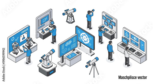 People gather at an outdoor festival event with a flat vector illustration of a workplace