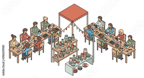 People gather at an outdoor festival event with a flat vector illustration of a food stall