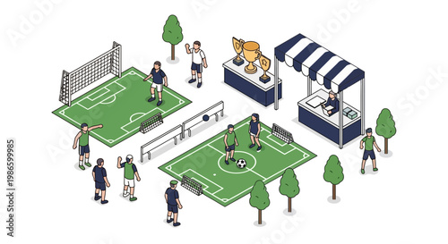 People play soccer and enjoy food at an outdoor festival event in a flat vector illustration