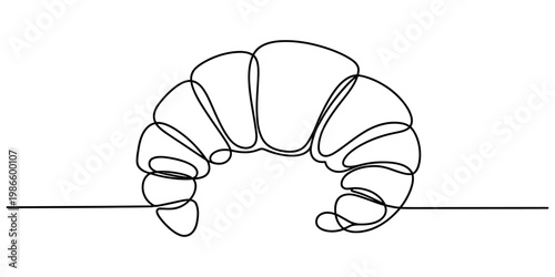 Minimalist single line art illustration of a delicious flaky croissant pastry on white. Vector, illustration