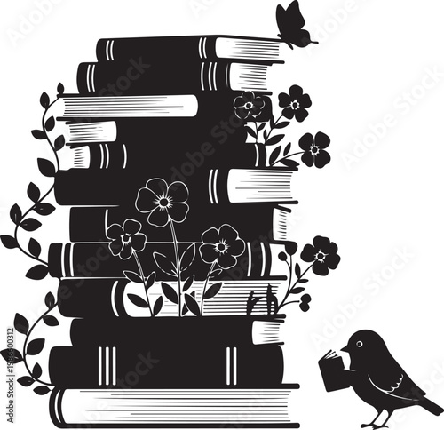 Silhouette of books with flowers bird and butterfly, Generative Ai