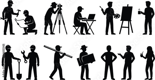 Black silhouettes of diverse professionals including construction workers, artists, surveyors, and office employees working in various poses, isolated on white