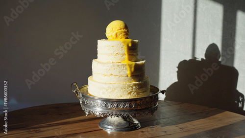 layers simple cake with melted ice cream scoop.ai 