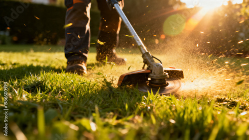 Closeup of gardener cutting lawn with a grass trimmer at golden hour. Garden maintenance, landscaping, yard care and outdoor work concept