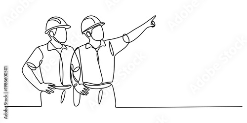Continuous line drawing of two construction workers wearing hard hats and pointing ahead Vector, illustration