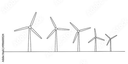 Continuous one line drawing of a group of wind turbines representing renewable energy source Vector, illustration
