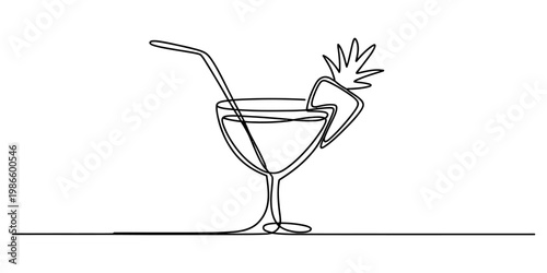 Minimalist one line art illustration of a refreshing tropical cocktail drink with a straw. Vector, illustration