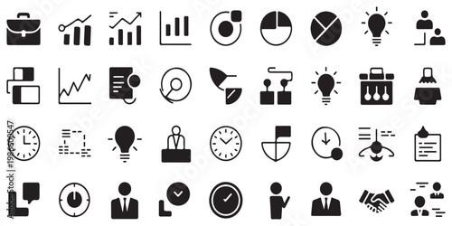Fotografie A comprehensive business icon set vector design featuring a briefcase, various charts, light bulbs, clocks, and managerial symbols