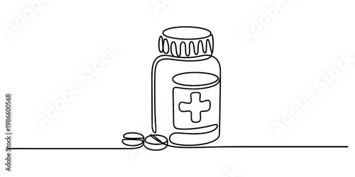 Continuous line drawing of a medicine bottle with a medical cross and loose pills on a table Vector, illustration