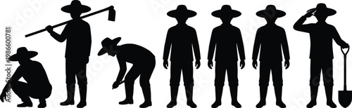 Black silhouettes of various farmers and agricultural workers wearing traditional hats using garden tools for farming activities, isolated on white