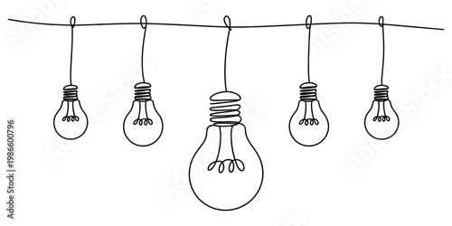 Hand drawn illustration of light bulbs hanging on a wire with one large central bulb Vector, illustration