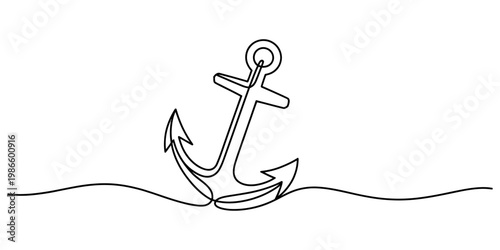 Continuous line drawing of a nautical anchor resting on a wavy water surface line. Vector, illustration