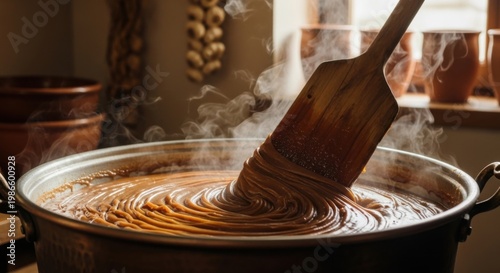 Rich Chocolate Sauce Stirred in Large Copper Pot with Wooden Spatula