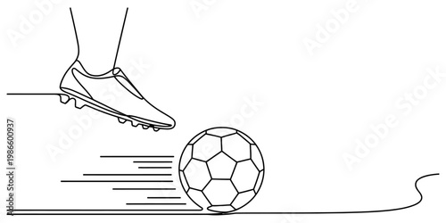 Continuous line drawing of a football player's foot kicking a soccer ball into motion Vector, illustration