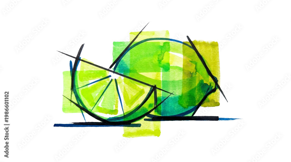 Obraz premium Lime slice drawing on png background, abstract, bold lines, bright colors.