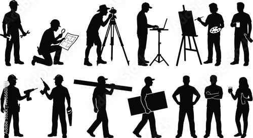 Collection of black vector silhouettes featuring diverse professionals including construction workers surveyors artists and office employees working in various industries
