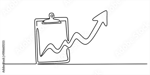 Minimalist single line art of a clipboard and a rising arrow representing success and growth Vector, illustration