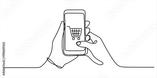 Continuous line drawing of hands holding a smartphone with a shopping cart icon for online shopping. Vector, illustration