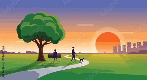 A serene city park scene at sunset with tree, walking path, and people