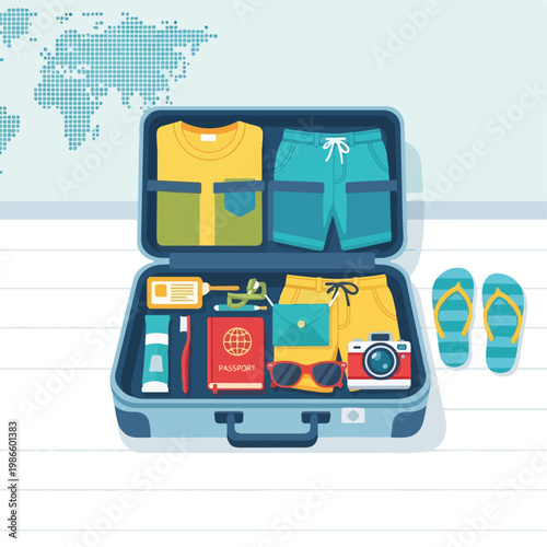 A packed suitcase with travel essentials and clothing