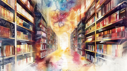 A watercolor painting of a library with towering bookshelves filled with knowledge, emphasizing the importance of information access and education