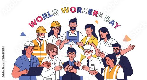 World workers day illustration with diverse professionals in various occupations celebrating together