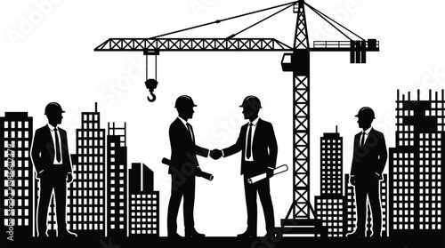 Silhouette businessmen shaking hands at construction site with crane and city building background, representing successful real estate development partnership agreement