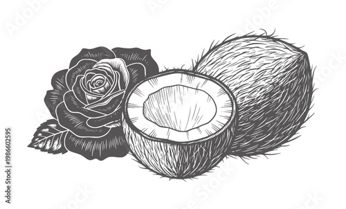 Dark rose and halved coconut with textured husk and leaves