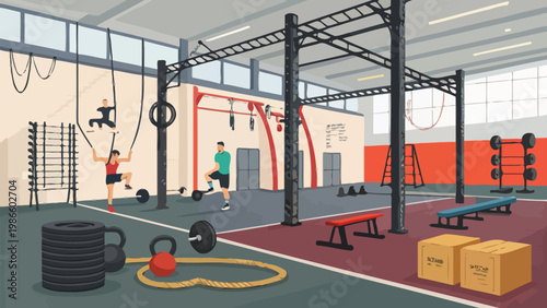 Cross training gym interior with kettlebells ropes benches and people exercising in a modern fitness center
