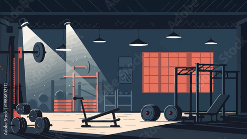 Dark moody gym interior with spotlight lighting on exercise equipment and weights in a modern fitness center