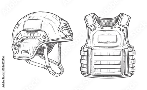 Hand drawn tactical helmet and bulletproof vest protection