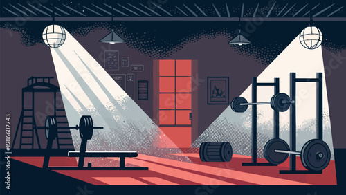 Dark moody gym interior with spotlight lighting on exercise equipment and red floor