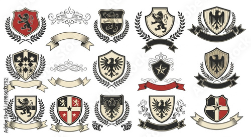 Collection of heraldic crests and shields with banners.