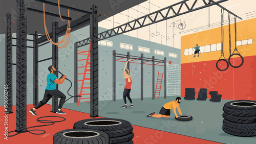Functional training gym interior with people exercising battle ropes and tires for fitness and strength