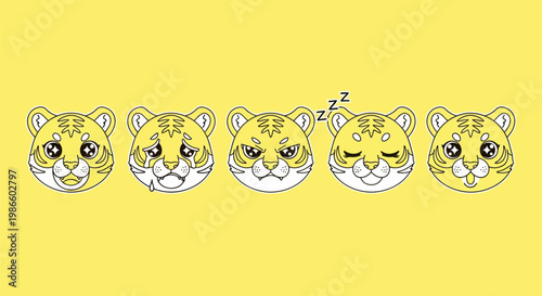 Tiger faces with different emotions on yellow background expressions of happy sleepy and boredom