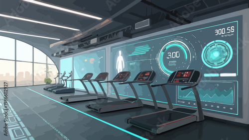 Futuristic gym interior with row of treadmills and holographic displays on wall screens