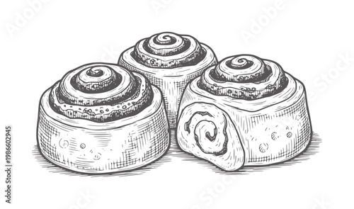 Three hand drawn cinnamon rolls with swirling patterns and textured frosting pastry